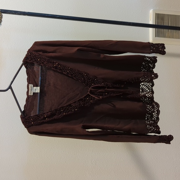 Notations Chocolate Cardi w/Hand Crochet Lace Trim Size Medium - Picture 3 of 16